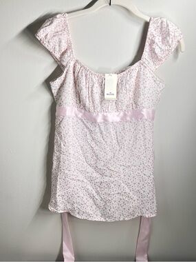 Hollister Cottagecore Floral Smocked Blouse with Pink Satin Tie NWT